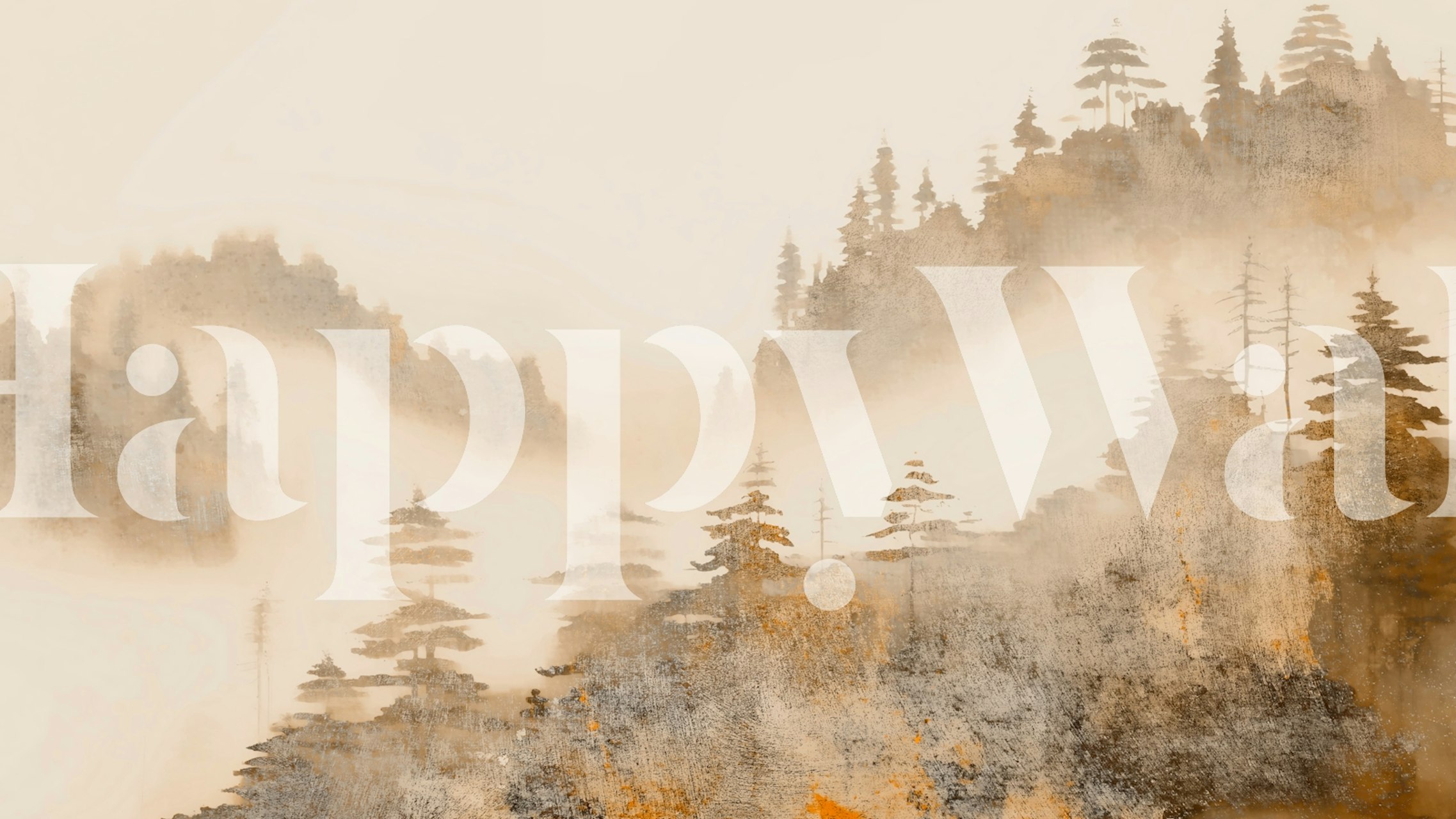 Soft foggy wilderness with trees and mountains in earthy tones wallpaper
