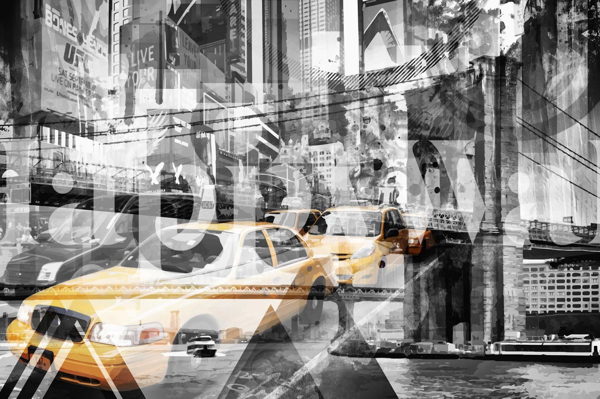 Modern Art NYC Collage väggmural som visar Times Square, Brooklyn Bridge och Statue of Liberty