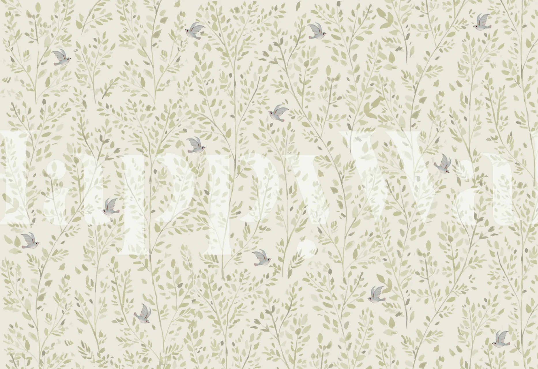 Olive and bird patterned foliage in soft green and gray wallpaper
