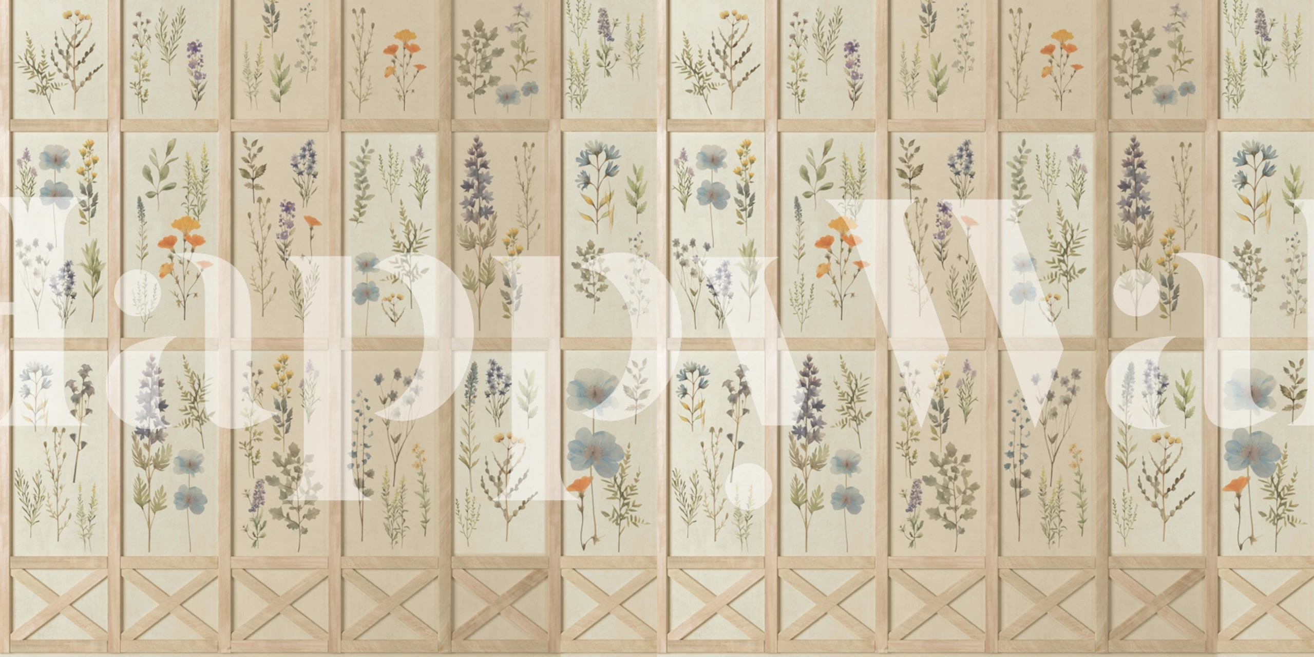 Pressed flowers in pastel colors on vintage panels wallpaper