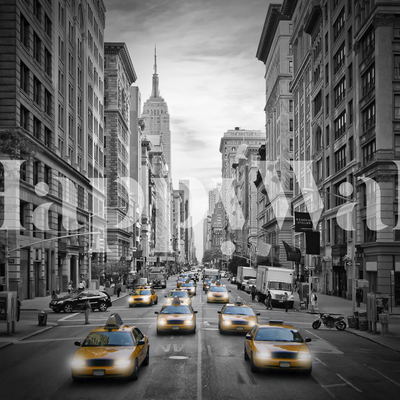 Black and white cityscape with yellow taxis in Manhattan, NYC wallpaper
