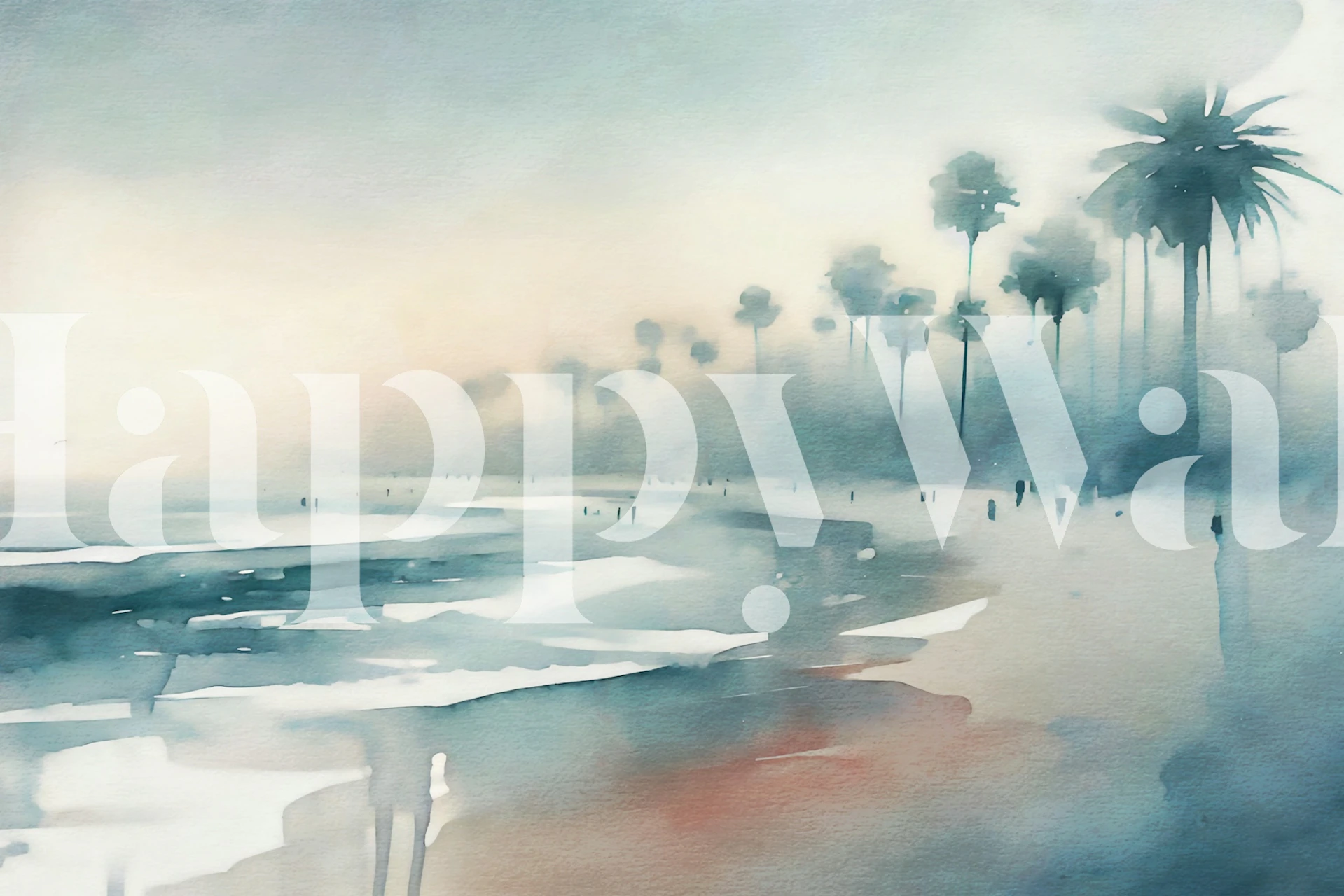 Watercolor beach scene with palm trees and ocean waves wallpaper