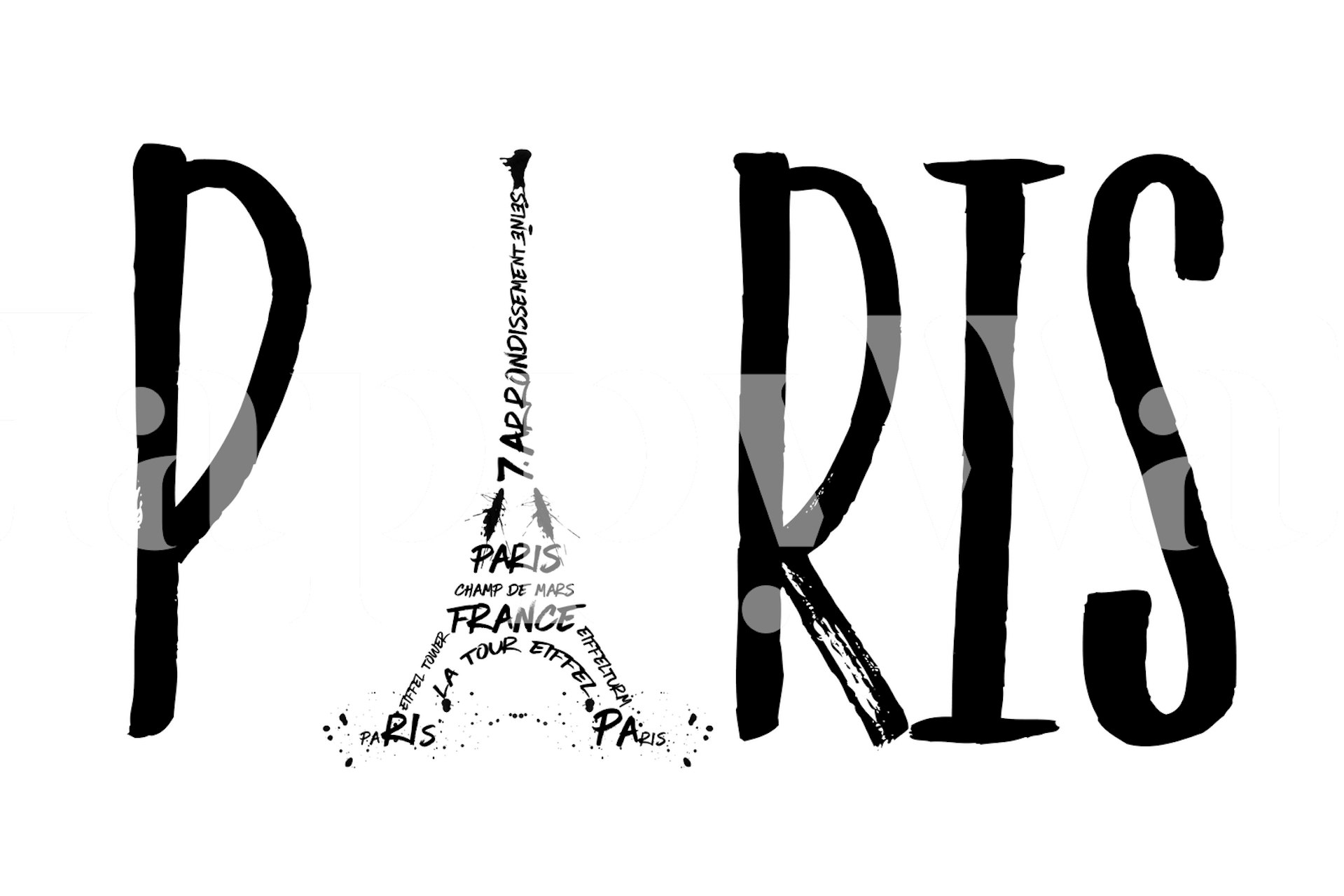 Sort og hvid Paris typografi kunst med Eiffeltårnet integreret i designet