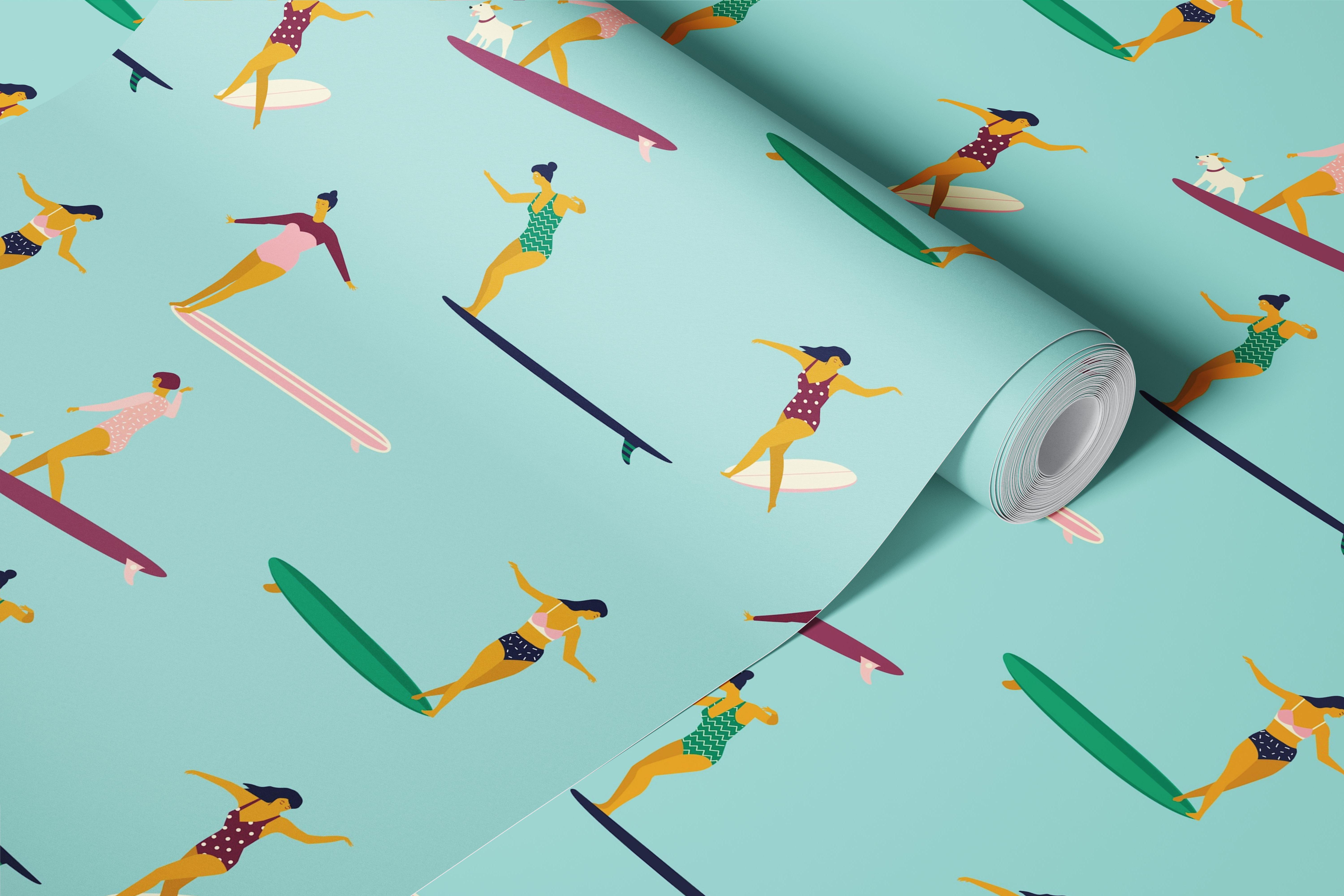 Women surfing with dogs on blue background wallpaper