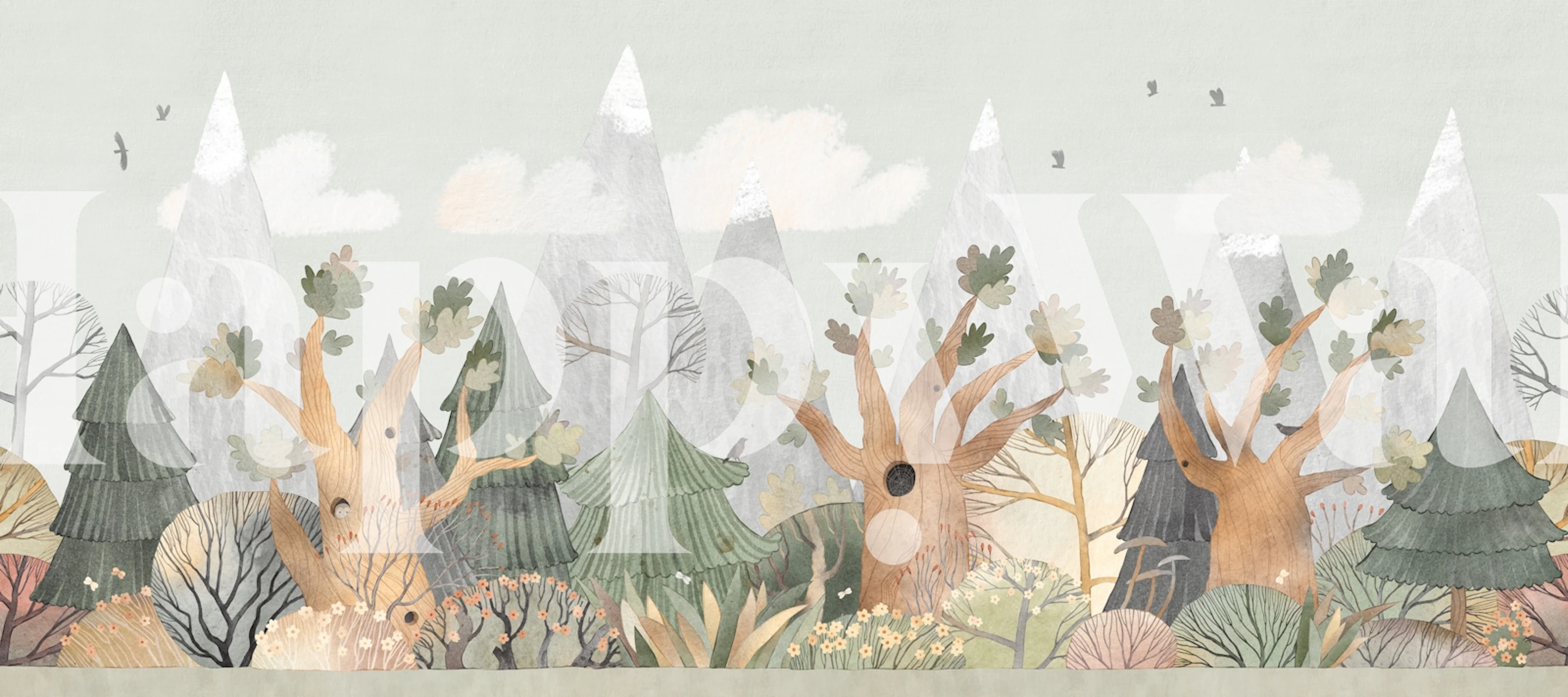 Whimsical forest scene with trees, mountains, and clouds wallpaper