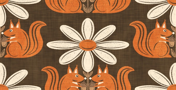 Retro Daisy Floral Squirrels Brown Orange