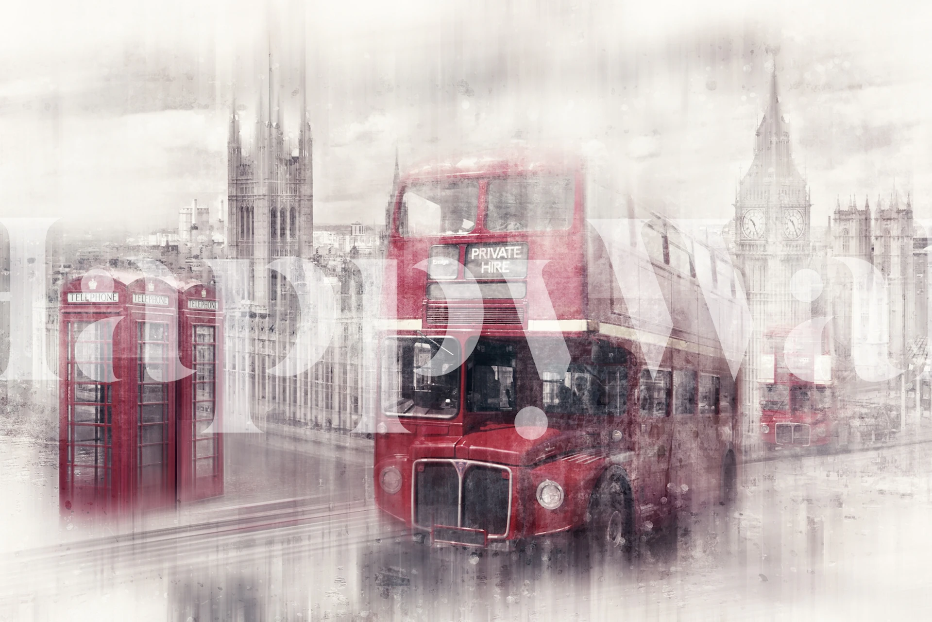 Red vintage double-decker bus and telephone booths in London. Watercolor style wallpaper.