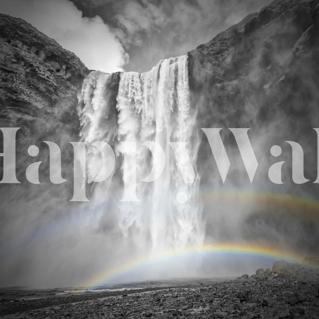 Black and white waterfall with double rainbow wallpaper