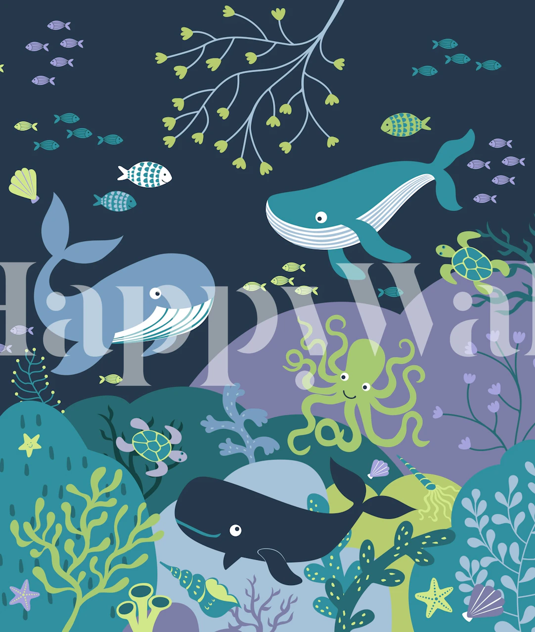 Cartoon whales, fish, and sea plants in vibrant colors wallpaper