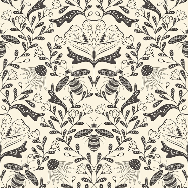 Forest bees with flowers - black and white