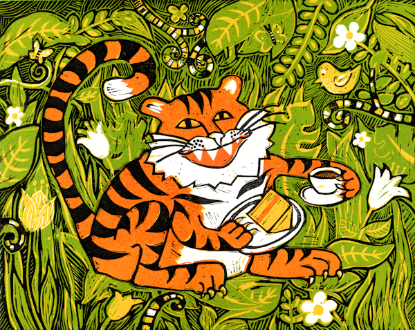 Tiger Tea Time - linocut mural