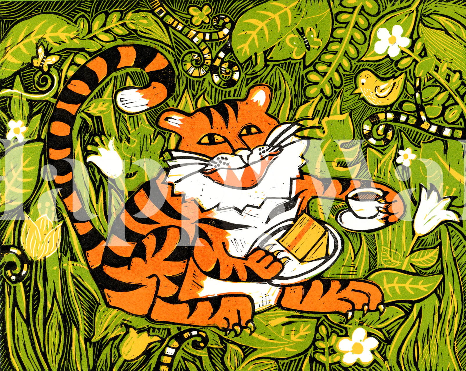 Tiger enjoying tea in een levendige muurschildering wallpaper