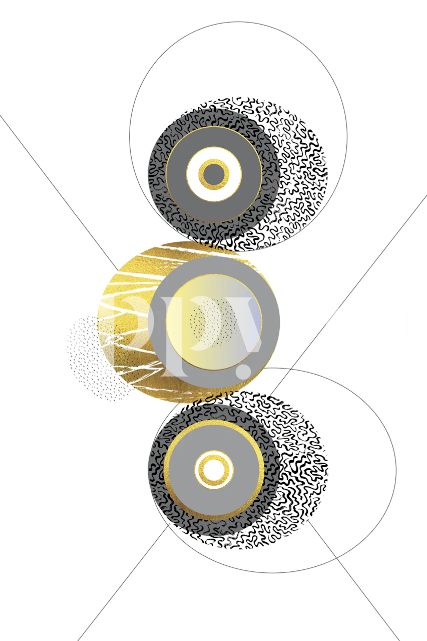 Abstracte muurschildering met cirkelvormig patroon met gouden, zwarte en witte kleuren