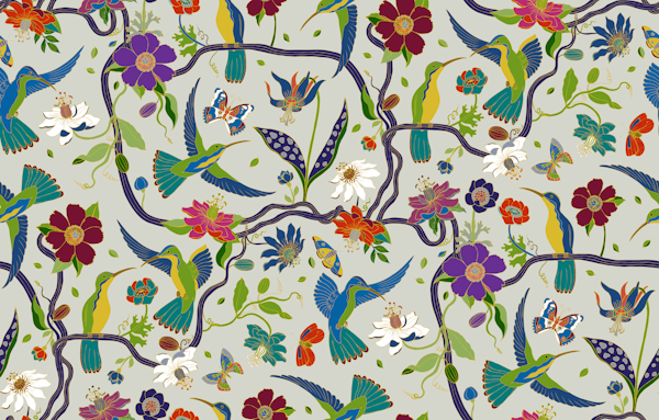 Hummingbirds and Passionflowers - grey