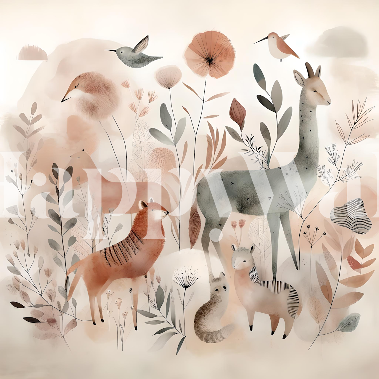 Gentle woodland animal wallpaper featuring deer, tiger, and plants in soft colors