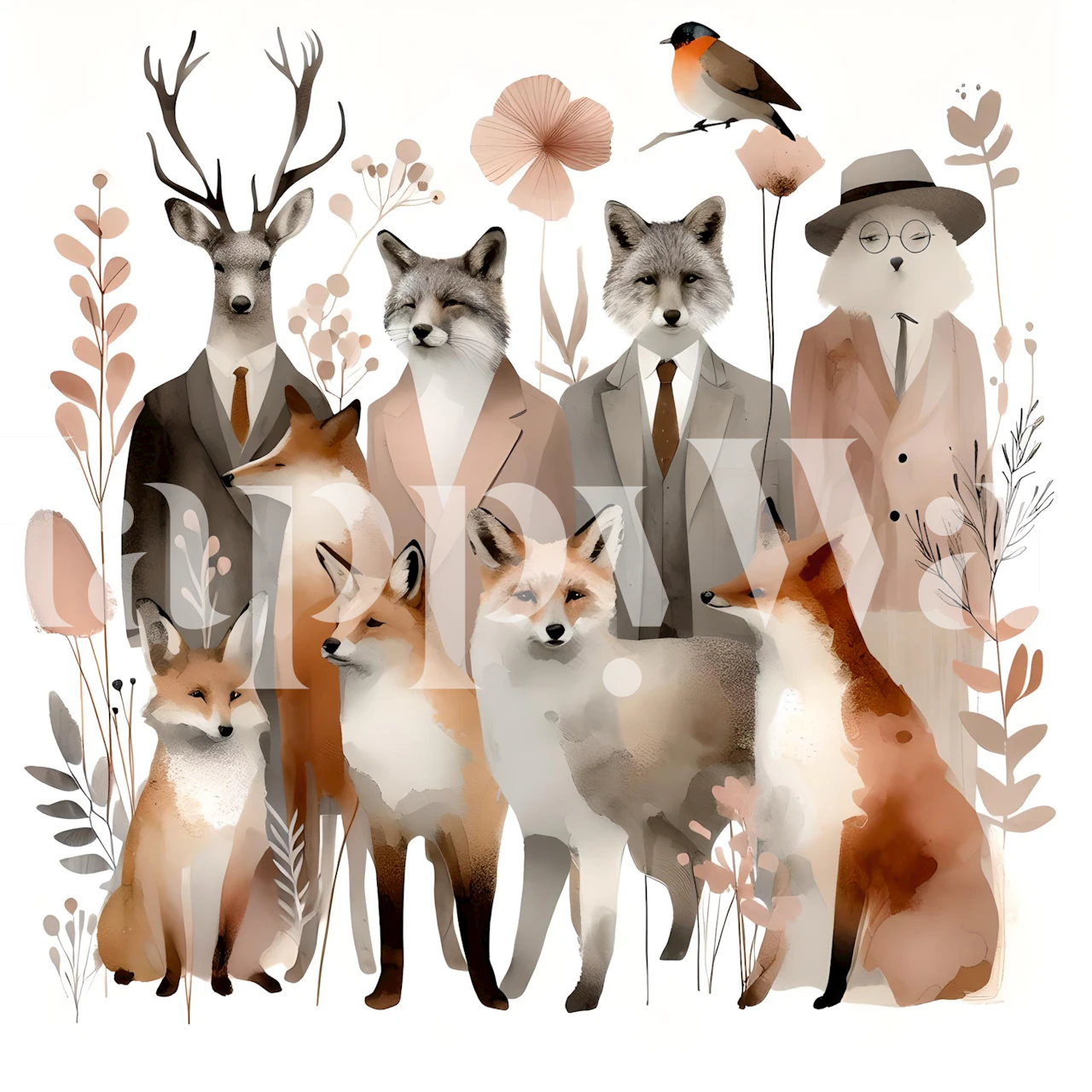 Colorful woodland animals in suits and dresses, beige tones, whimsical wallpaper