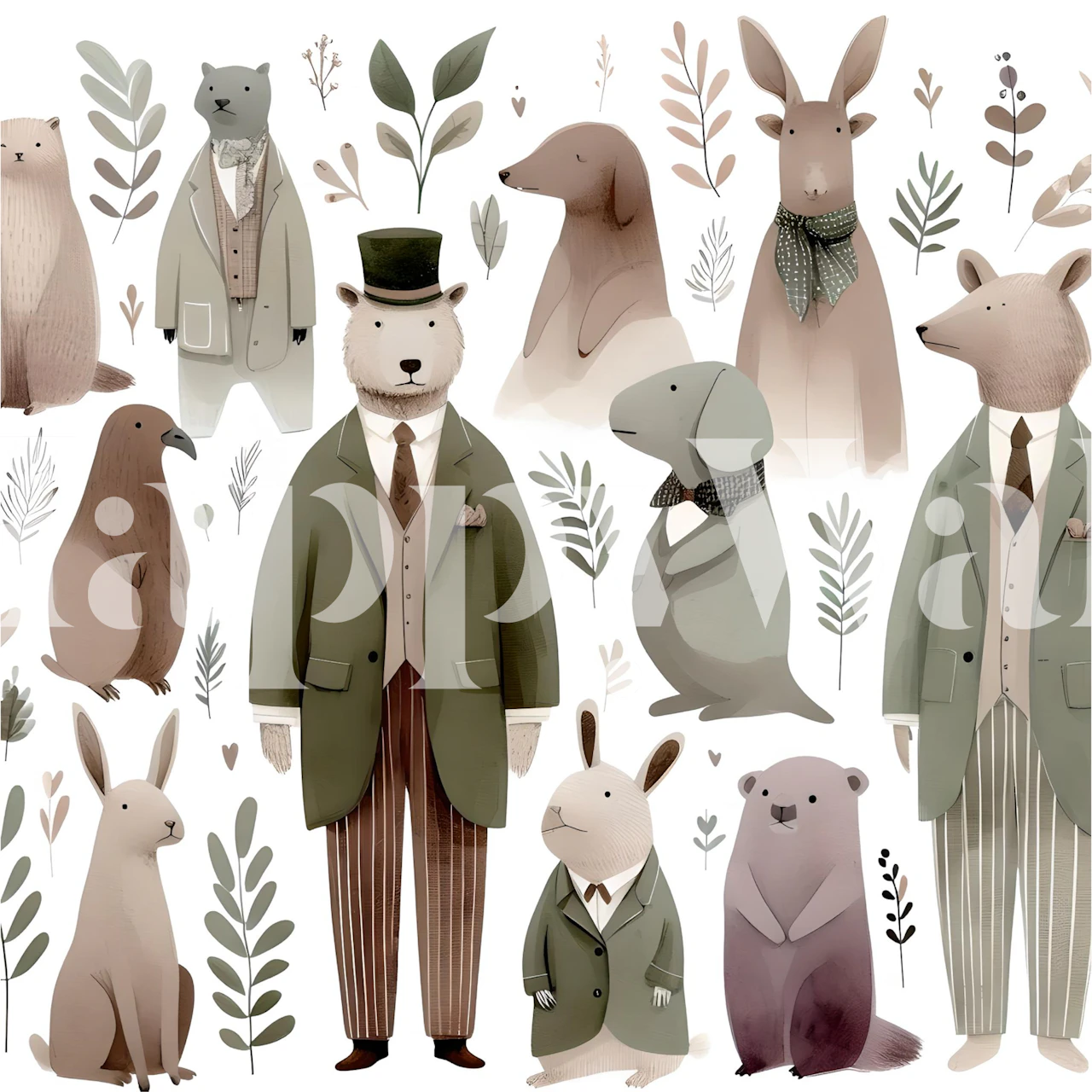 Dapper animals in suits with foliage, soft colors wallpaper