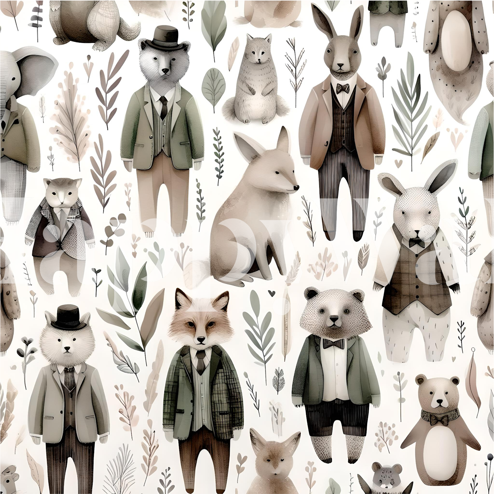 Dapper animals in suits, soft colors, whimsical style wallpaper