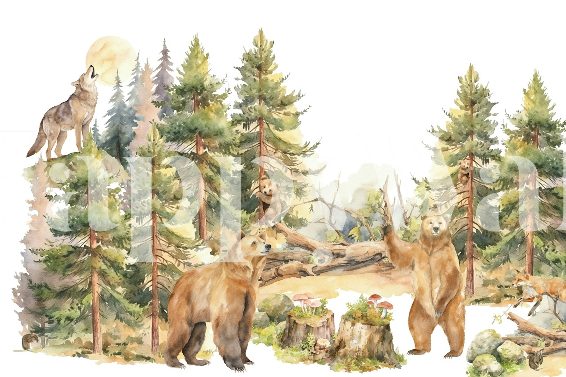 Bears, trees, and a wolf on the moonlight in watercolor wallpaper