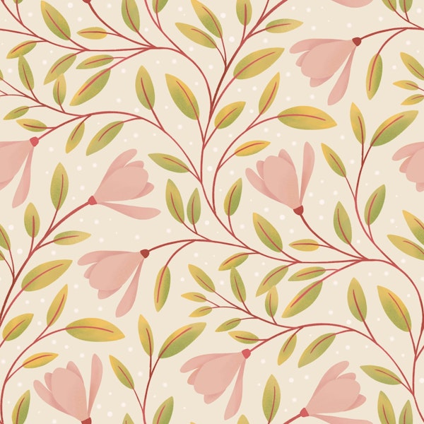Delicate Magnolia Floral Pattern on Cream