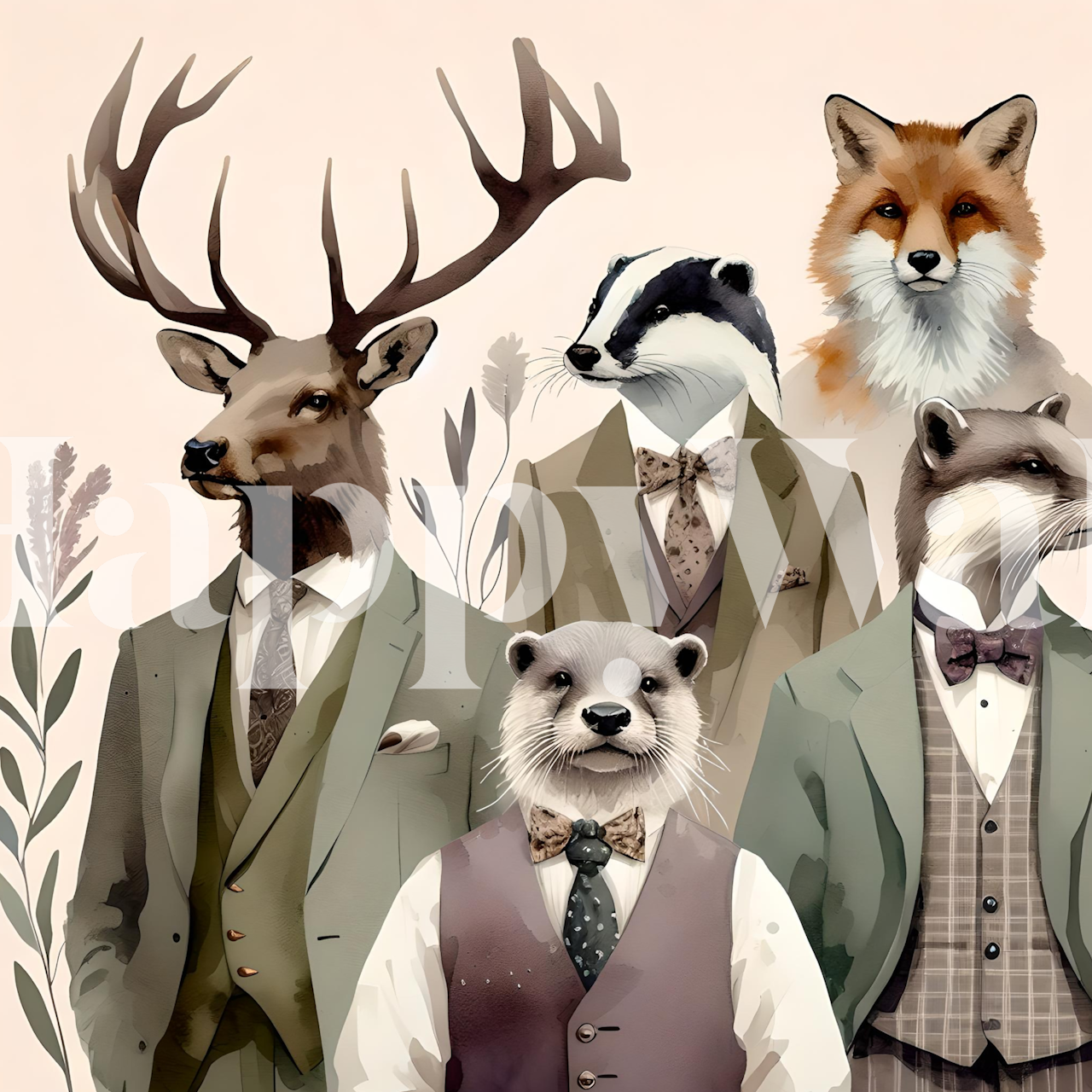 Illustrations of dapper animals in suits with floral details wallpaper