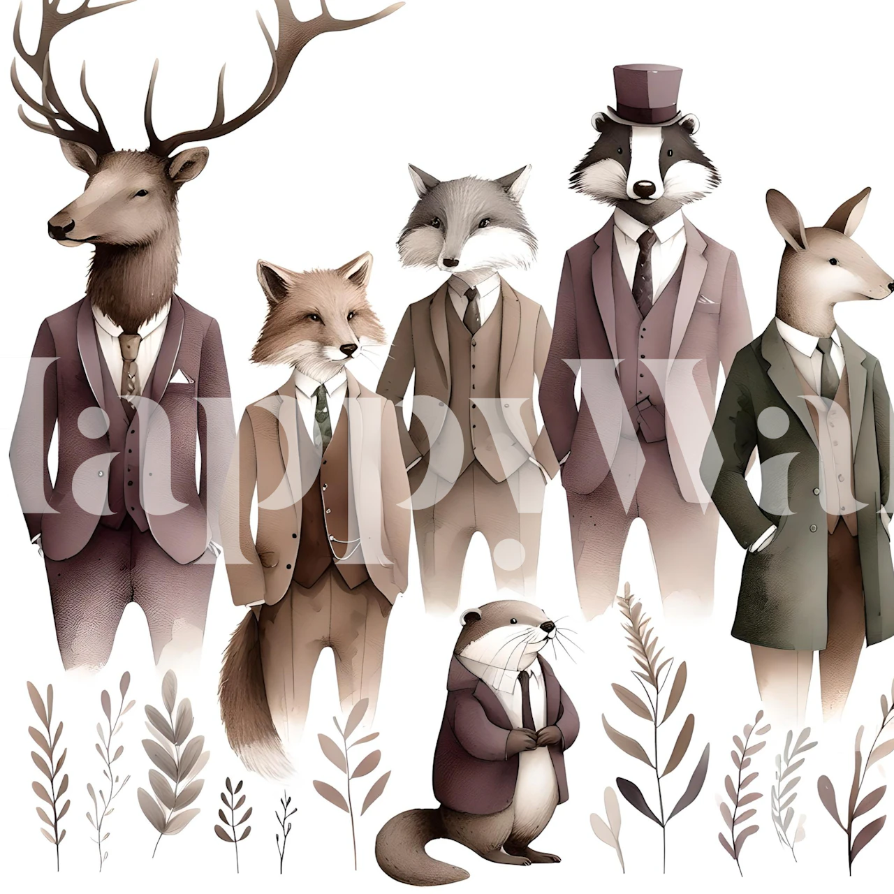 Chic animal wallpaper featuring stylish forest animals in suits with natural foliage.