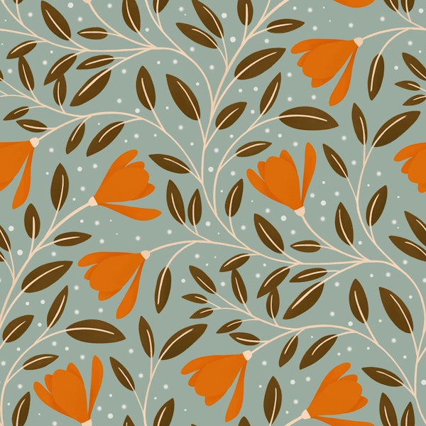 Retro Magnolia Floral Pattern on Blue