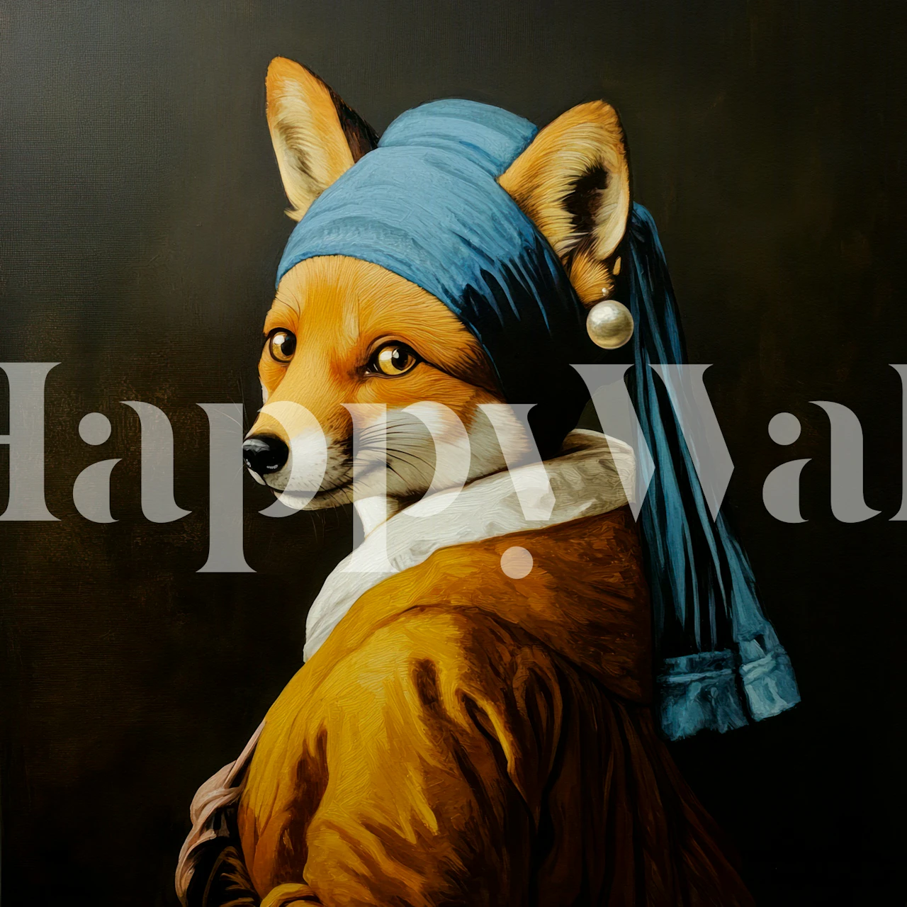 Fox wearing a blue headscarf, orange fur, dark background wallpaper