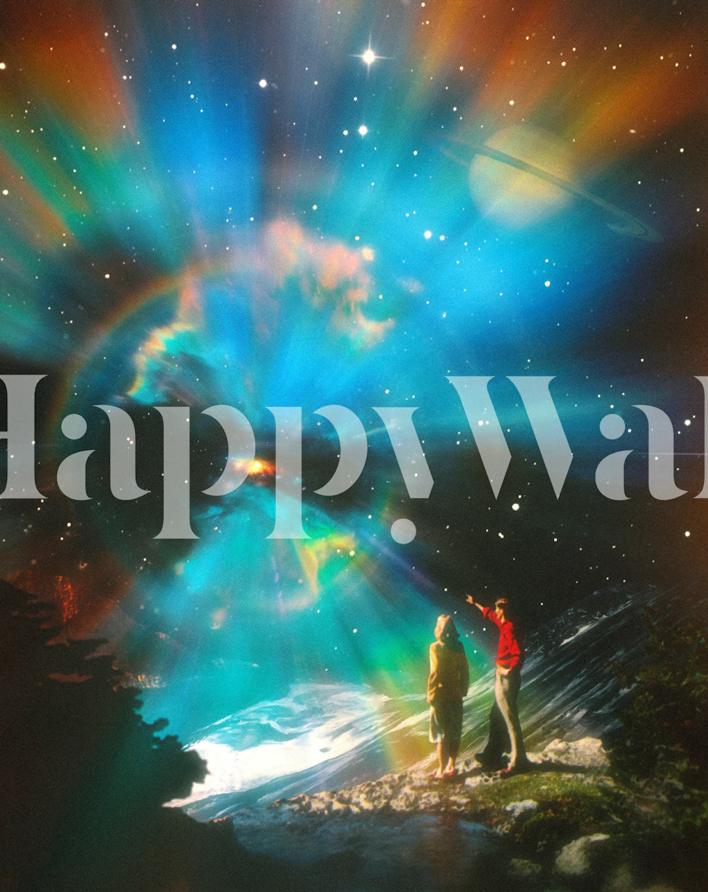 Colorful rainbow cosmic design with figures on a landscape wallpaper