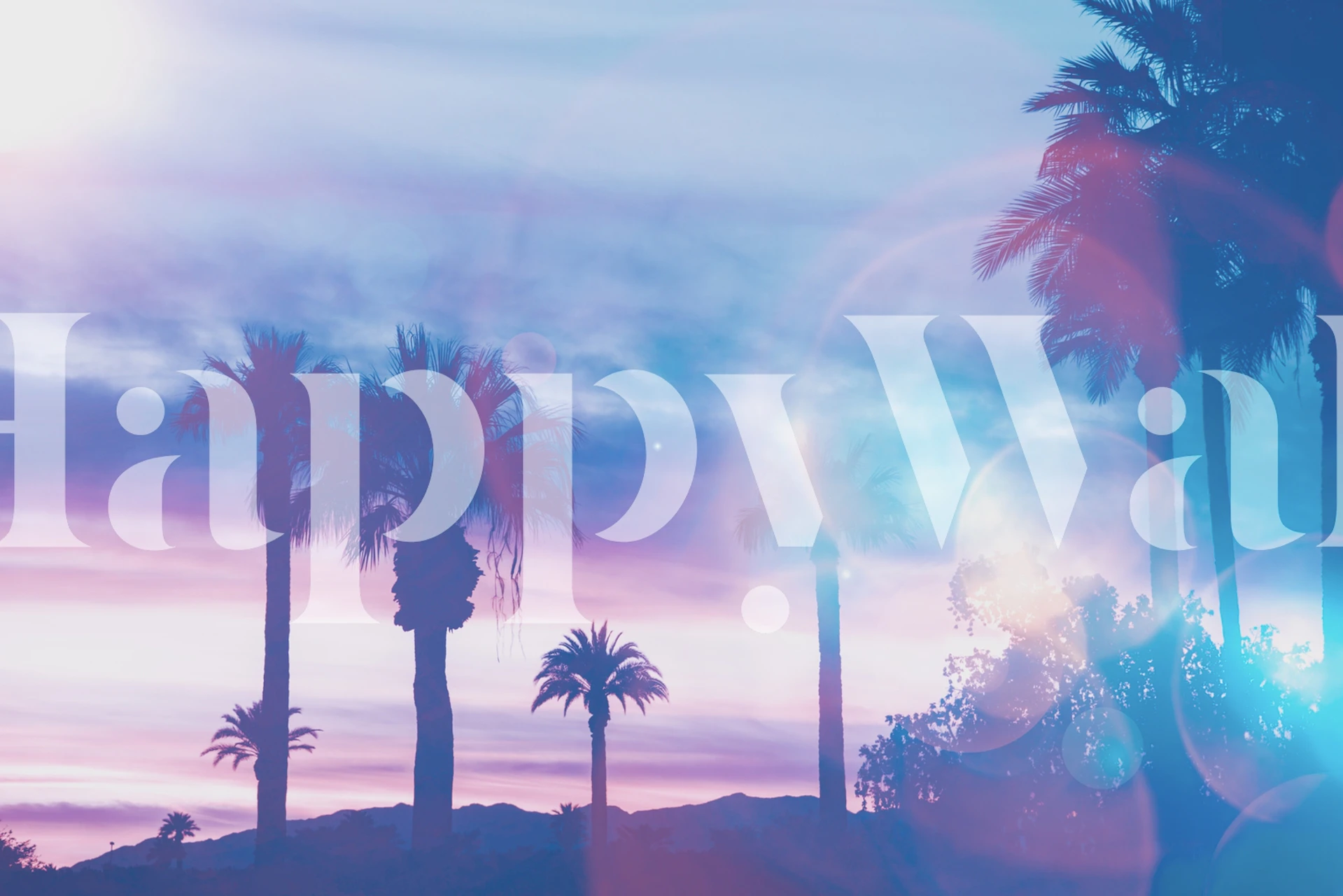 surrealistisk tropisk paradis med silhuettpalmer mot en gradient skumringshimmel