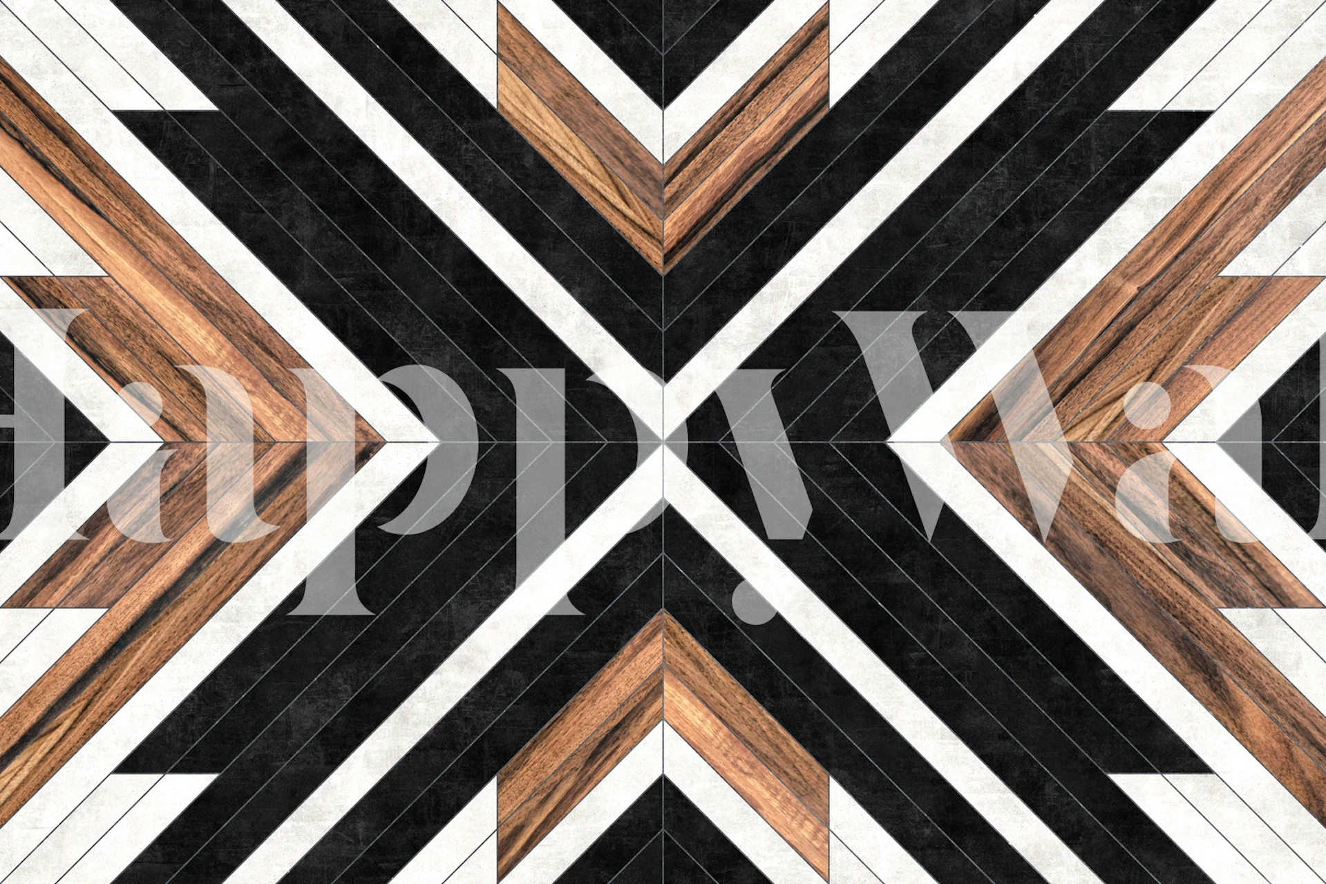 Black and white geometric pattern wallpaper with wood textures