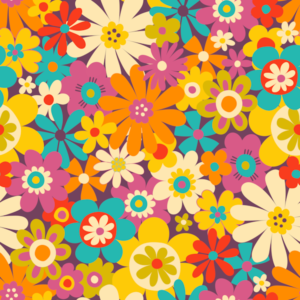 Retro, Psychedelic Flowers - yellow and pink