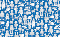Retro Robots - white on blue, small papel pintado