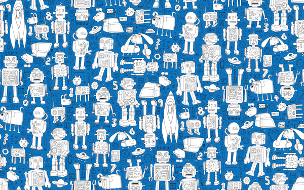 Retro Robots - white on blue, small