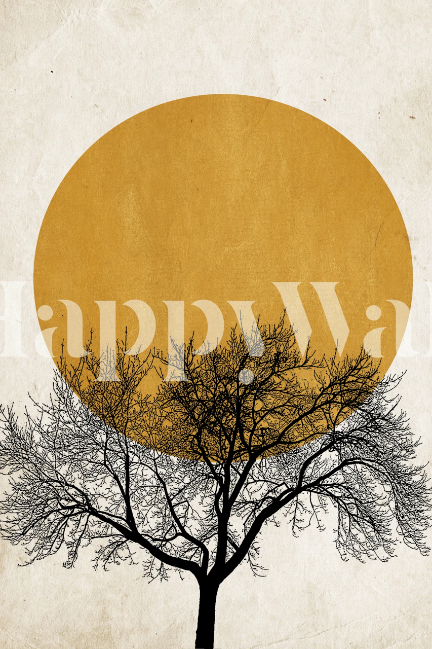 Black tree silhouette with yellow sun on textured background wallpaper