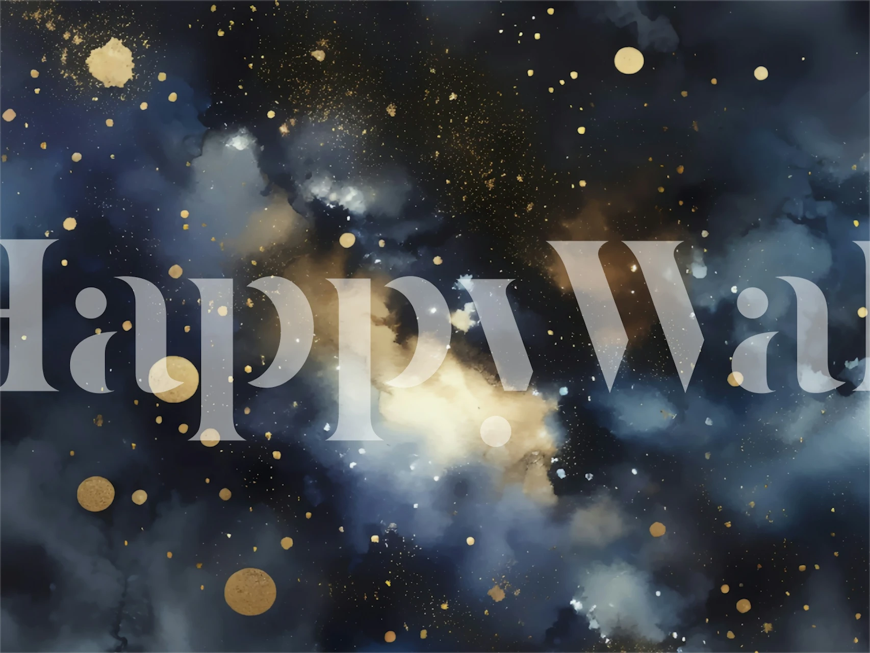 Navy blue and gold celestial wallpaper with star and cloud patterns