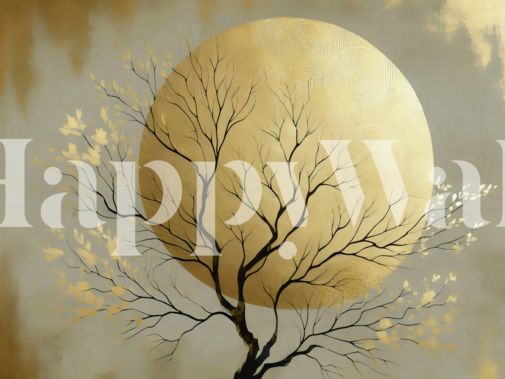 Black tree branches with gold leaves against a golden moon wallpaper