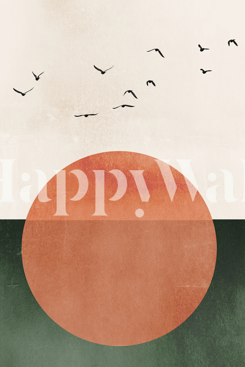Abstract circle sunset design with orange, green, and birds wallpaper