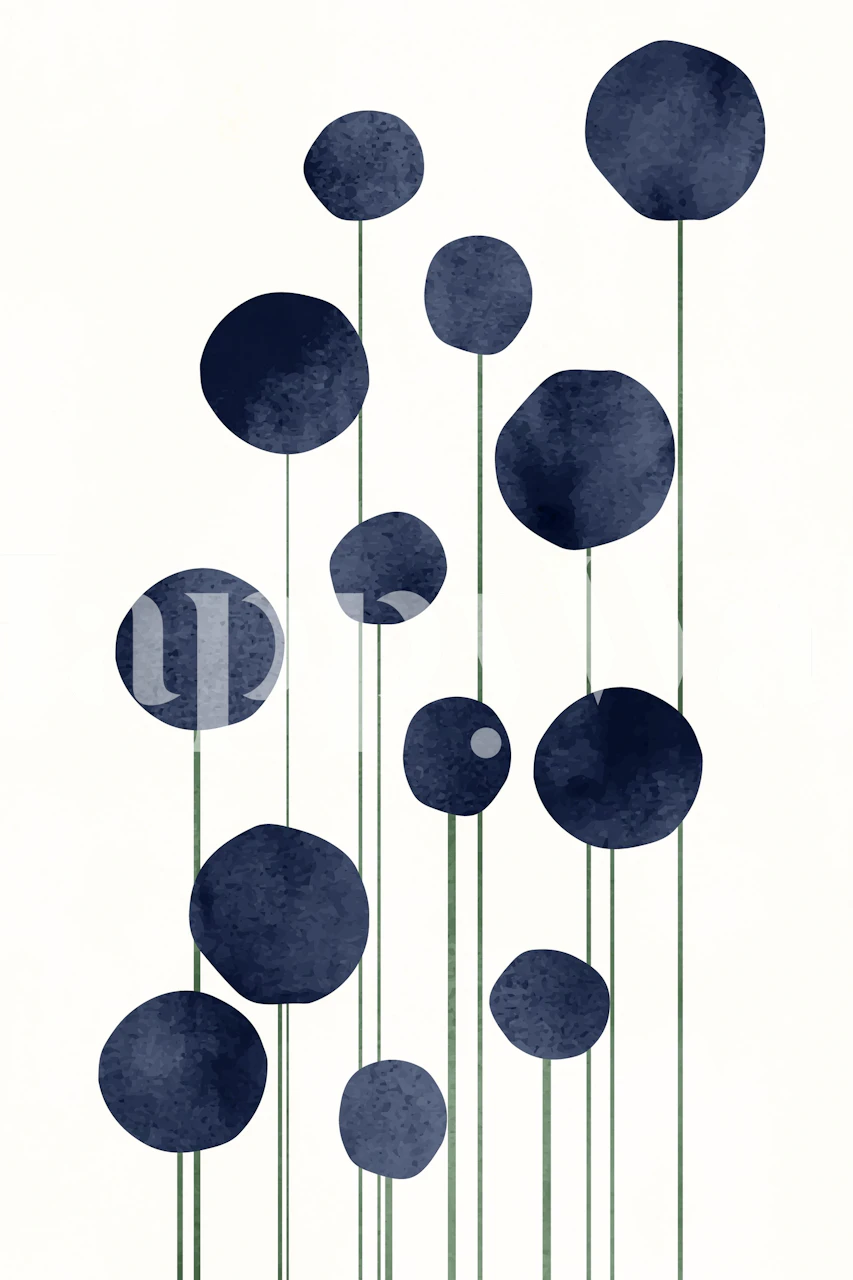 Navy blue circular floral motifs with green stems wallpaper