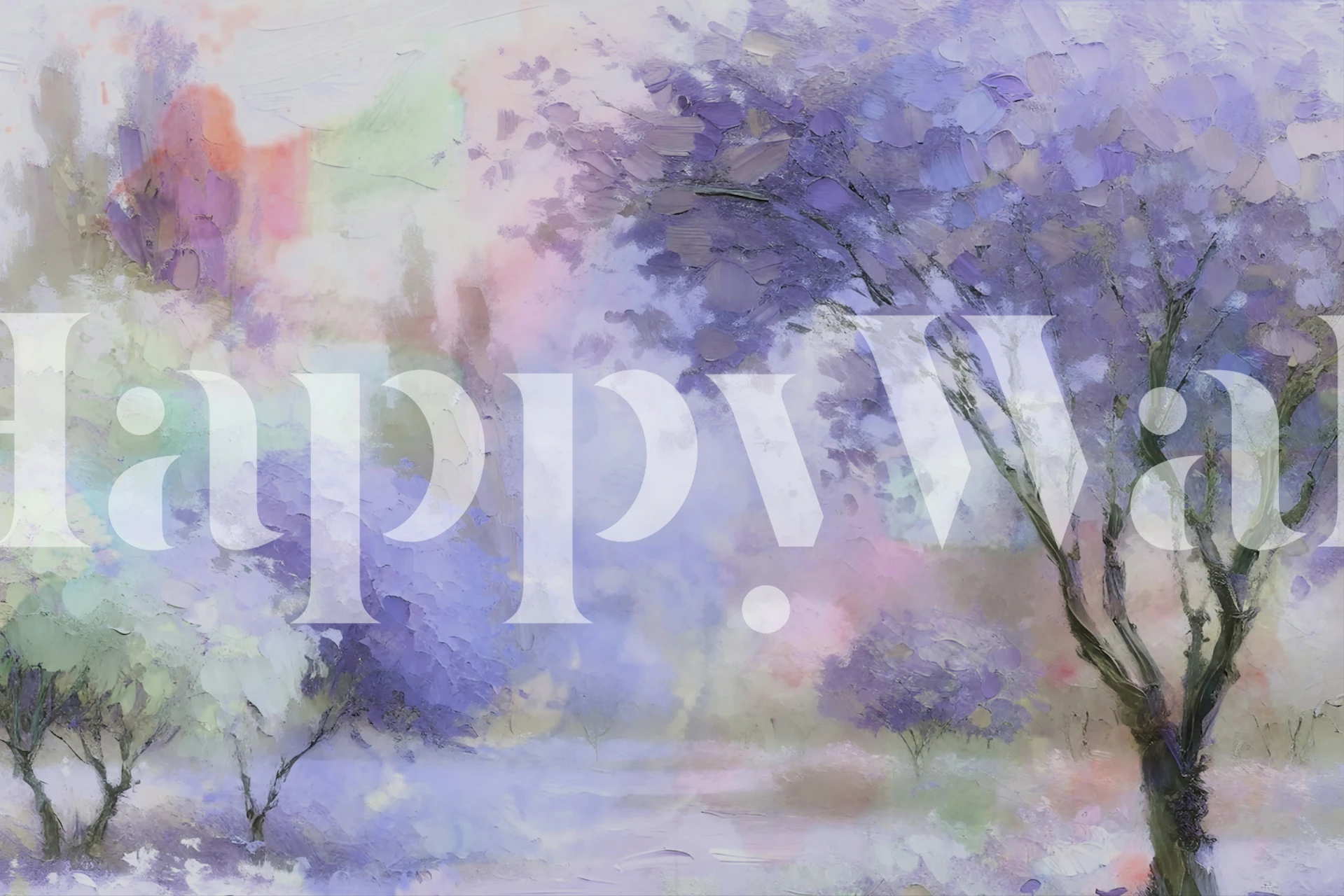 Pastel floral tree wallpaper with purple and green hues, soft and artistic style