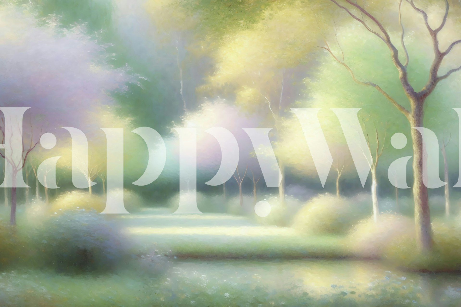 Pastel meadow landscape with soft greens, pinks, and purples wallpaper