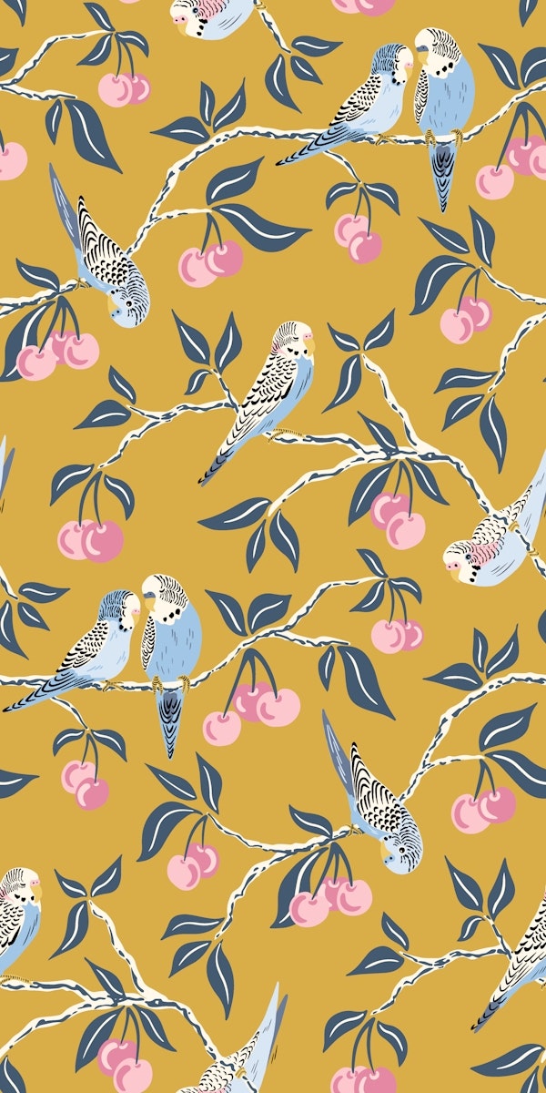 Budgies in the cherry tree - mustard yellow