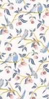 Budgies in cherry tree - blue and mauve papel pintado
