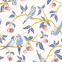 Budgies in cherry tree - blue and mauve tapete