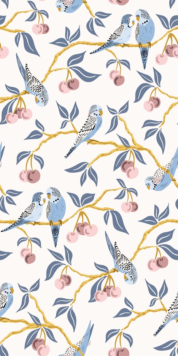 Budgies in cherry tree - blue and mauve