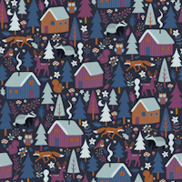 Woodland Cabins at night - plum, large tapetit