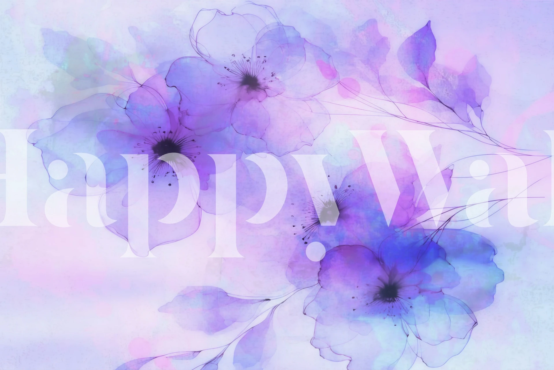 Purple translucent flowers with black centers on a soft pastel background wallpaper