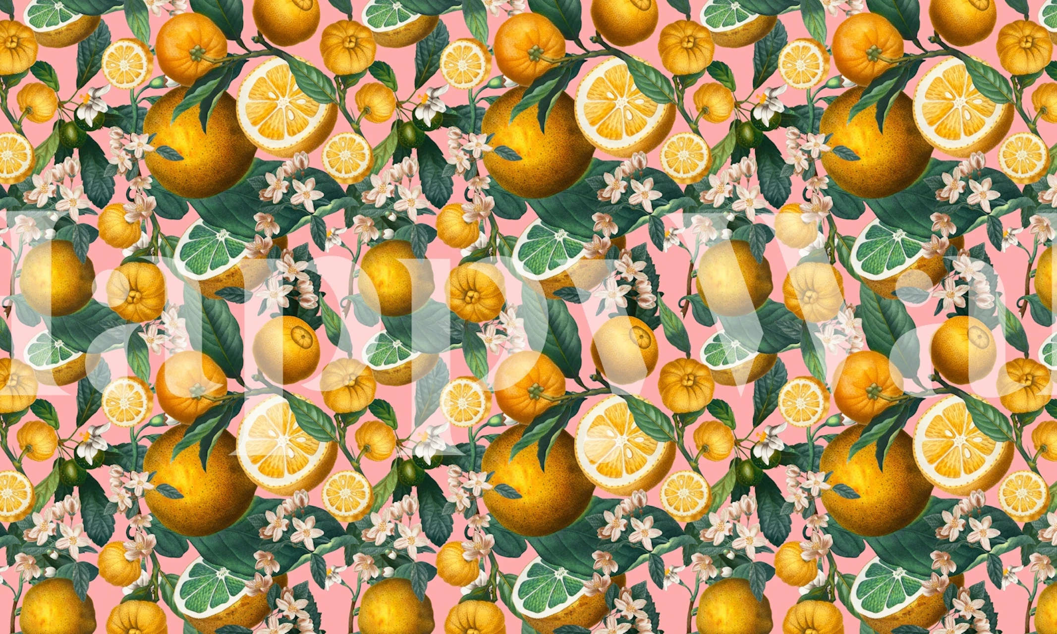 Lemon and floral pattern in yellow and green wallpaper
