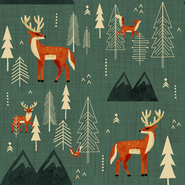Cabincore Forest Woodland-Deer Foxes Green
