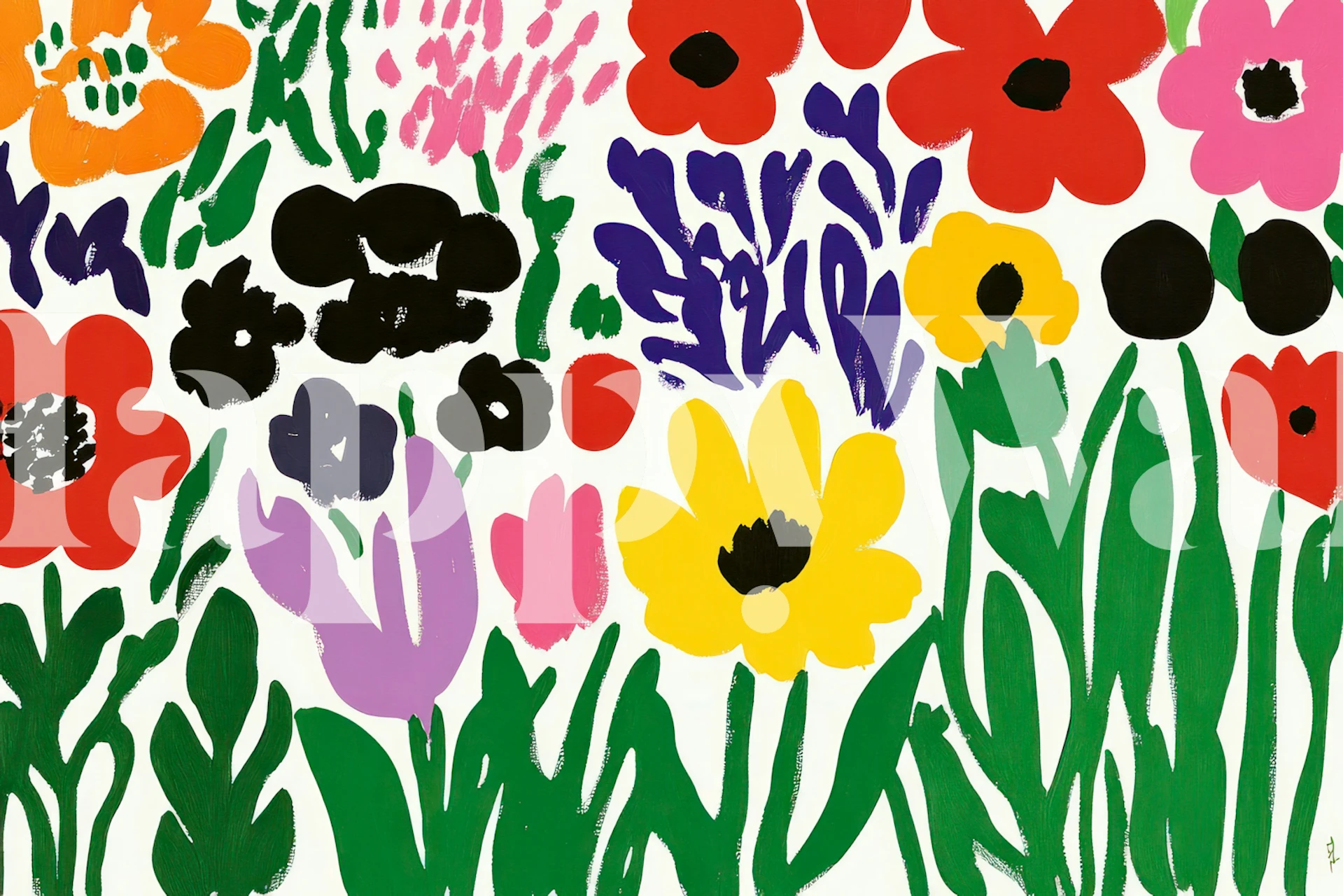 Bold Matisse inspired flower wallpaper in a room